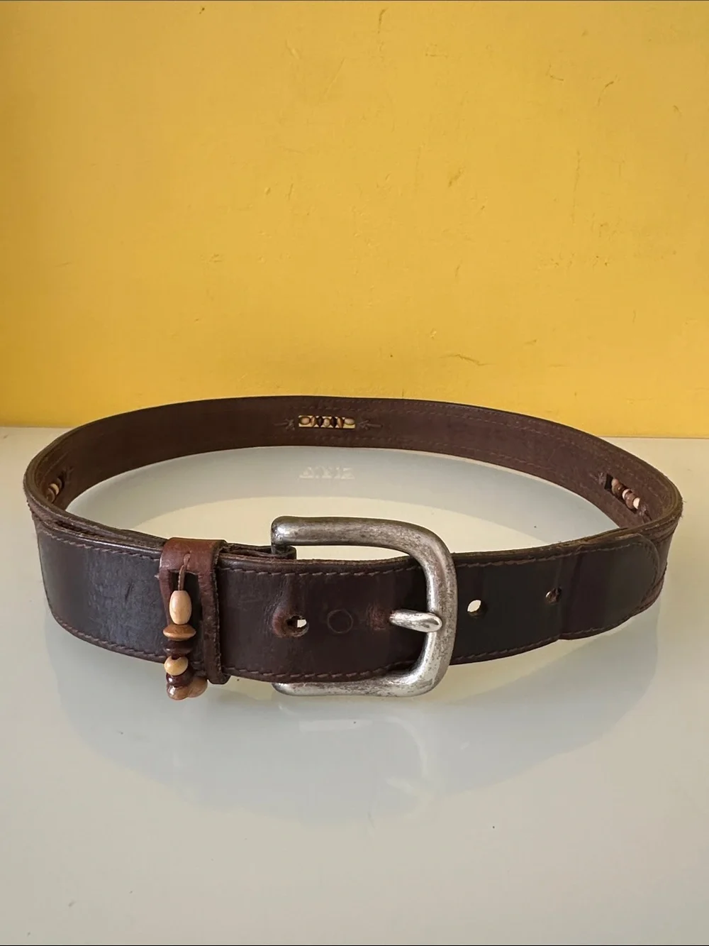 Vintage Solid Brass Buckle Men's Brown Leather Belt with Wooden Beads 32 in